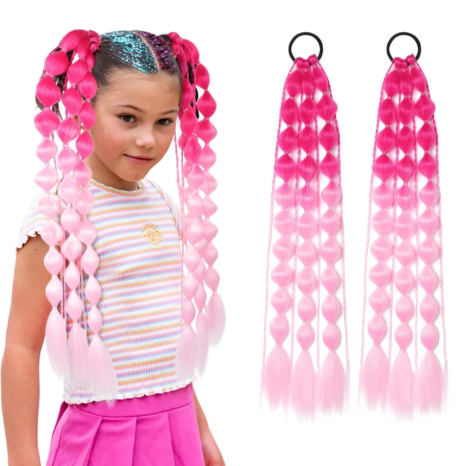  Behufun-Colored Ponytail Extensions for Kids, Lightweight Bubble Ponytail Extension with Hair Tie, Ombre, Crazy Day Accessories 