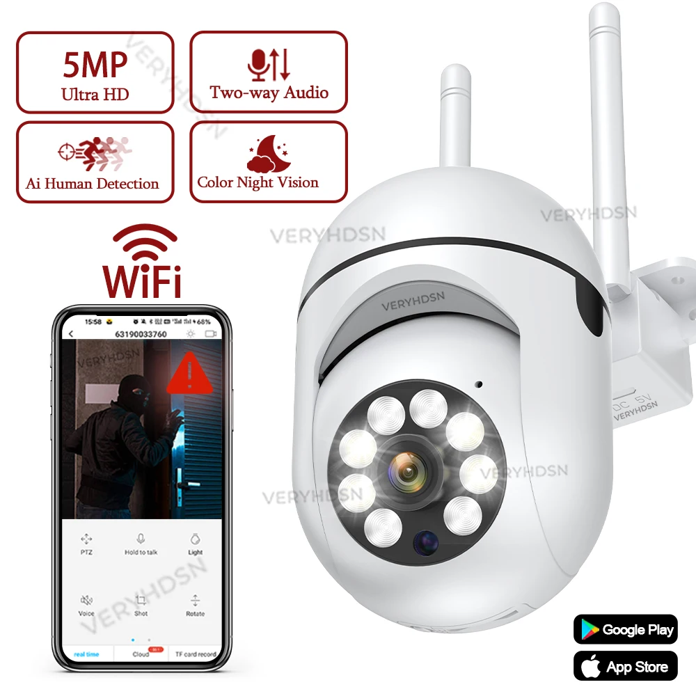 Wifi IP Camera 5MP Outdoor Wireless CCTV Surveillance Cameras Color Night Vision AI Human Detect 4X Digital Zoom IP66 Waterproof