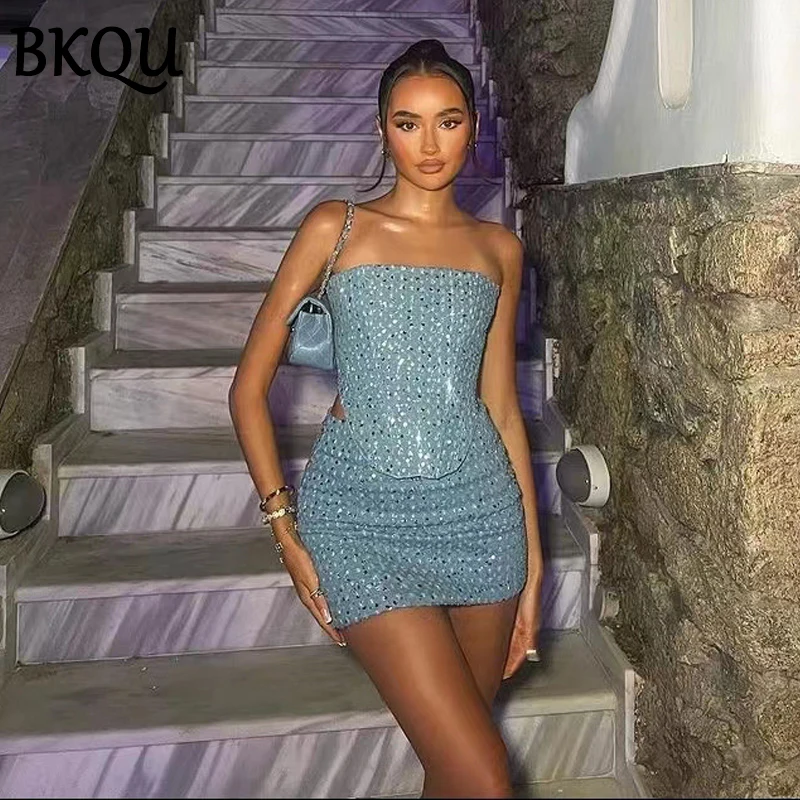 BKQU Women Sequined Denim Two Piece Sets Sexy Strapless Corset Tank Tops and Mini Skirt Sets 2024 Summer Party Nightclub Outfits