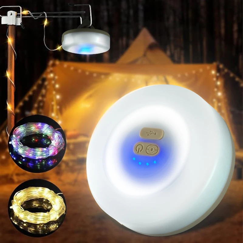 

2 In 1 Camping Lamp RGB String Lights Outdoor Decorative Light With Hook For Tent Rechargeable Lamp Waterproof Garden Decoration
