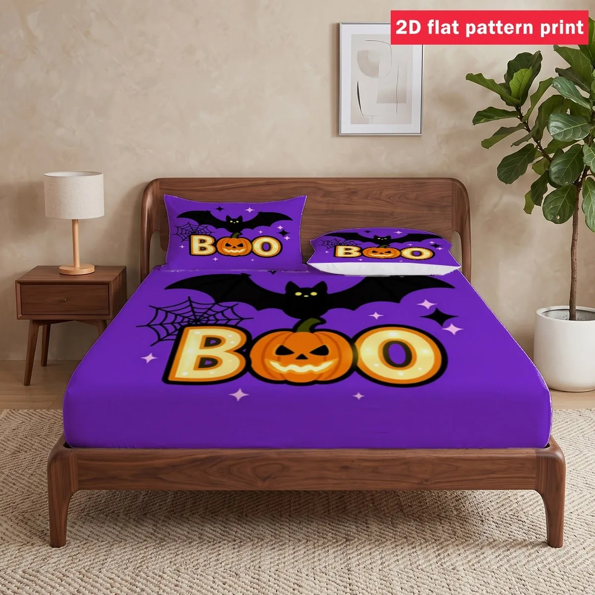 Halloween Cute Cartoon Print 2D Digital Bed Sheet Set (Includes 1 Fitted Sheet + 2 Pillowcases) with Bat, Spider, Pumpkin Designs, Mattress Protector, Fitted Elastic Style, Protective Cover, Mattress Protector, Must-Have for the Holiday Atmosphere, Suitable for All Seasons, Machine Washable Design, Holiday Decoration, Various Sizes, Breathable Protective Cover with Pillowcase