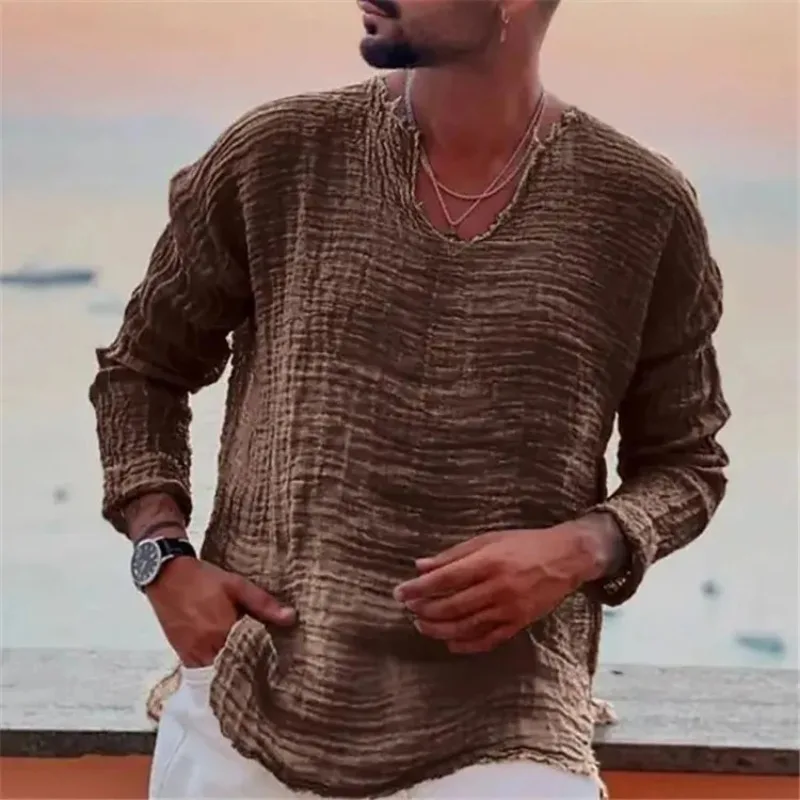 

Spring and Summer Men's Viking Style Summer Shirts for Beach Wear Casual Shirts Pure Fake Cup-shaped Long Sleeved V-neck Tops