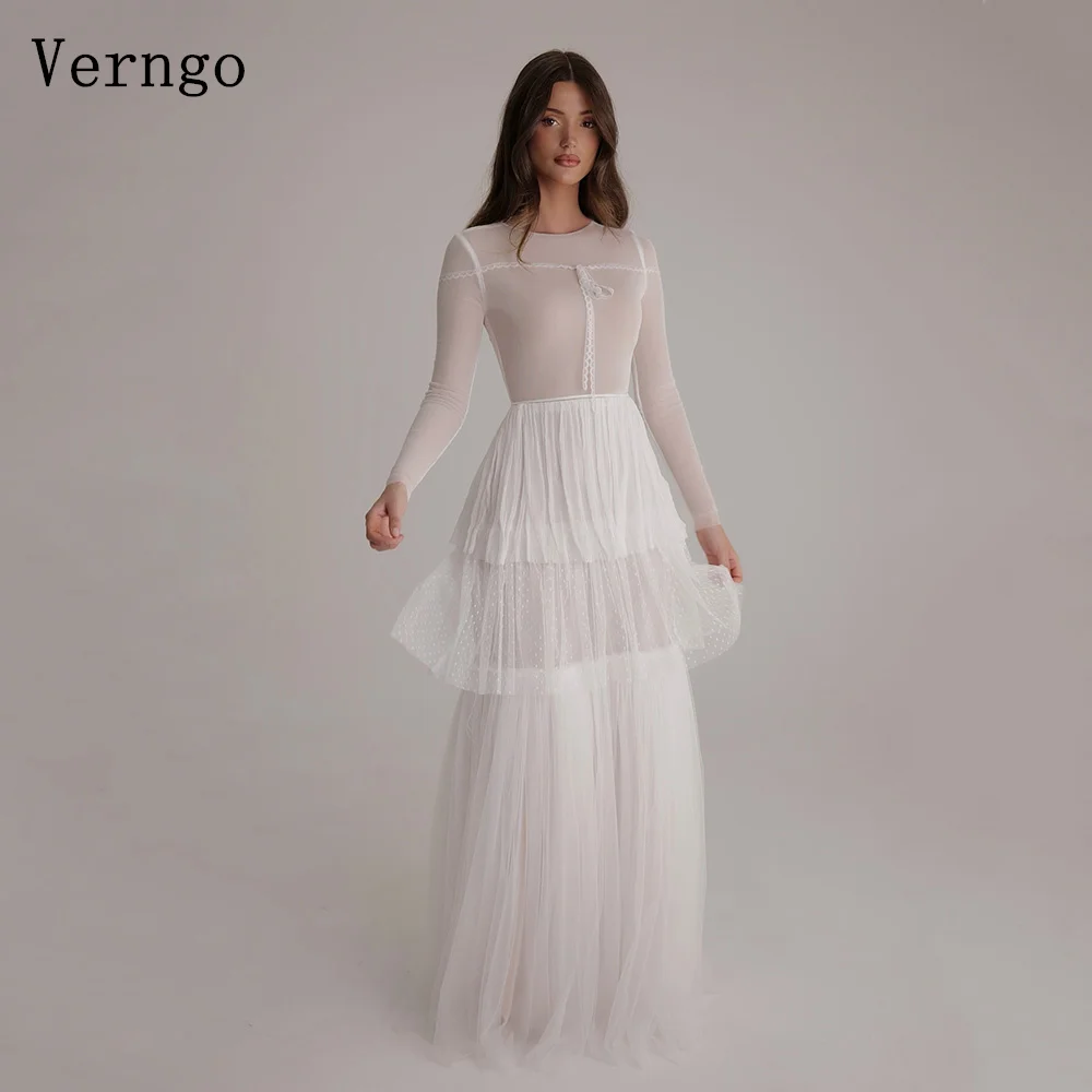 

Verngo lvory Tulle Evening Dress O Nek Full Sleeves A Line Tiered Formal Occasion Dresses Simple Modest Prom Gowns Customized