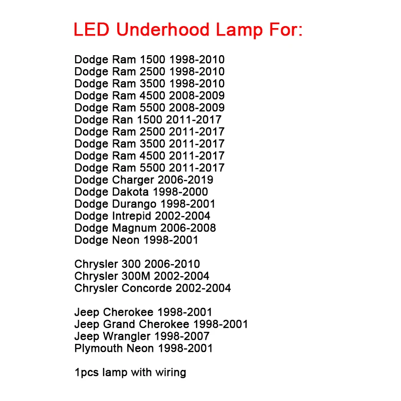 For Dodge RAM Charger Dakota Durango Intrepid Magnum Neon For Chrysler/Jeep/Plymouth LED Engine Underhood Light with wiring