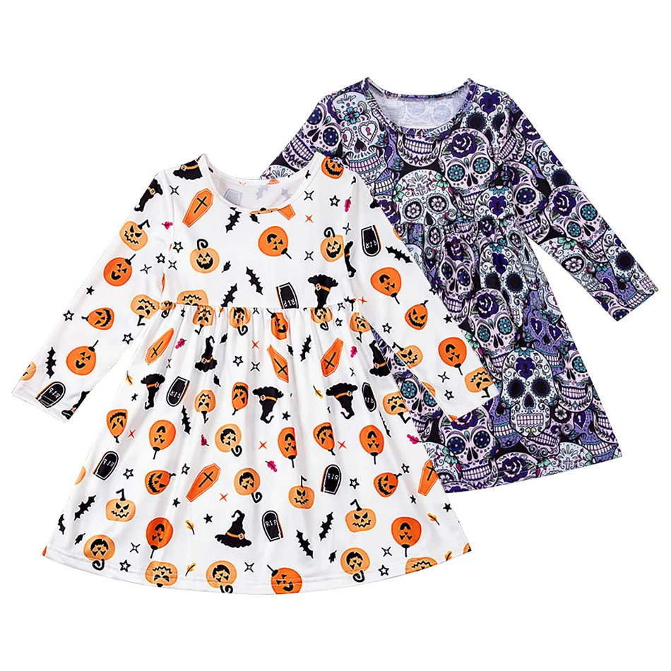 Festive Halloween Casual Dresses Little Girls Long Sleeve Design with Pumpkin Pattern Details Perfect for Seasonal Celebrations