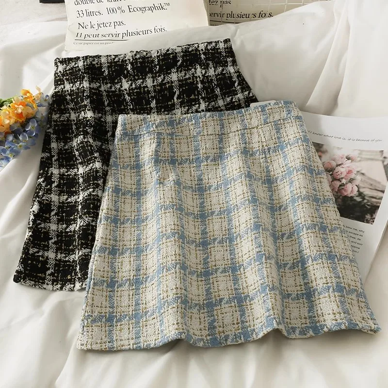 

Autumn Brilliant Silk Plaid Anti Shining Versatile Retro Tweed High Waist A-Line Half Skirt Women