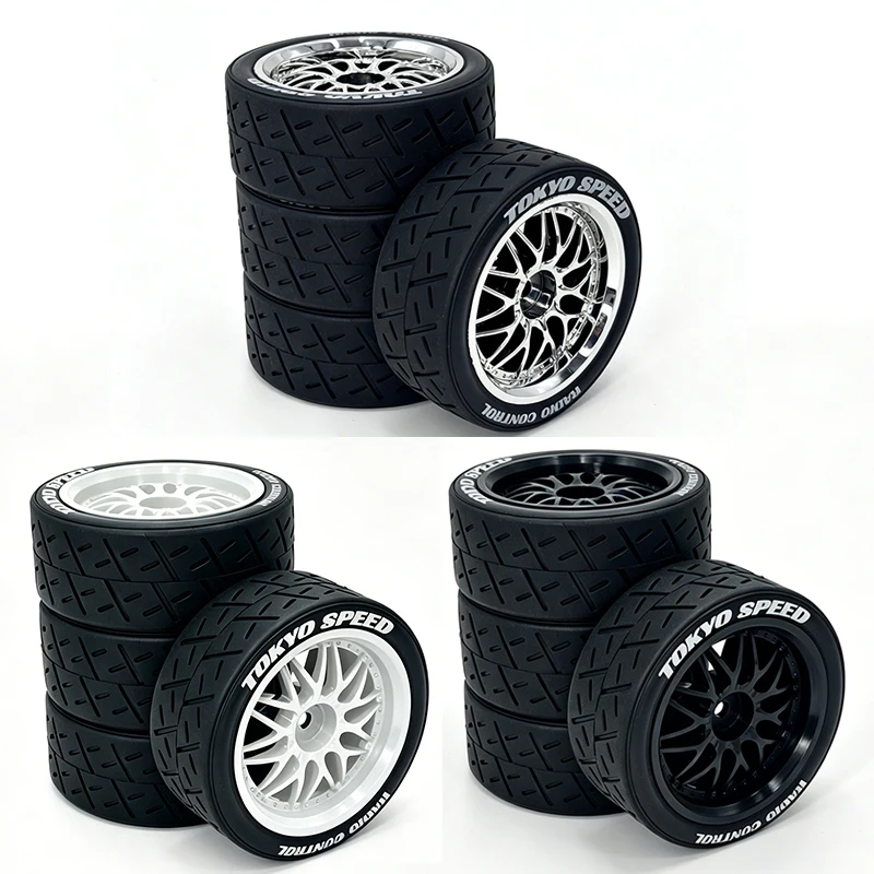 4Pcs 1/10 Rally Wheels & Tires - 12mm Hex Plastic Rims Rubber Tyres for Tamiya TT01 TT02 XV01 TA06 PTG2