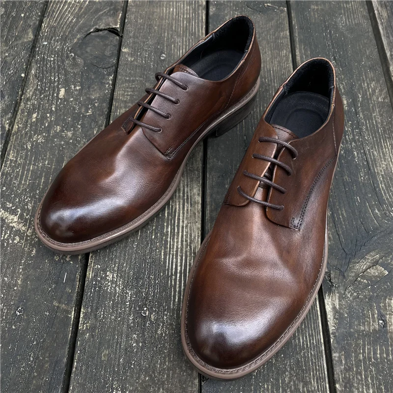 

Vintage Genuine Leather Business Dress Leather Shoes Fashion Round Toe Soft Men's Casual Leather Shoes Large Wedding Shoes