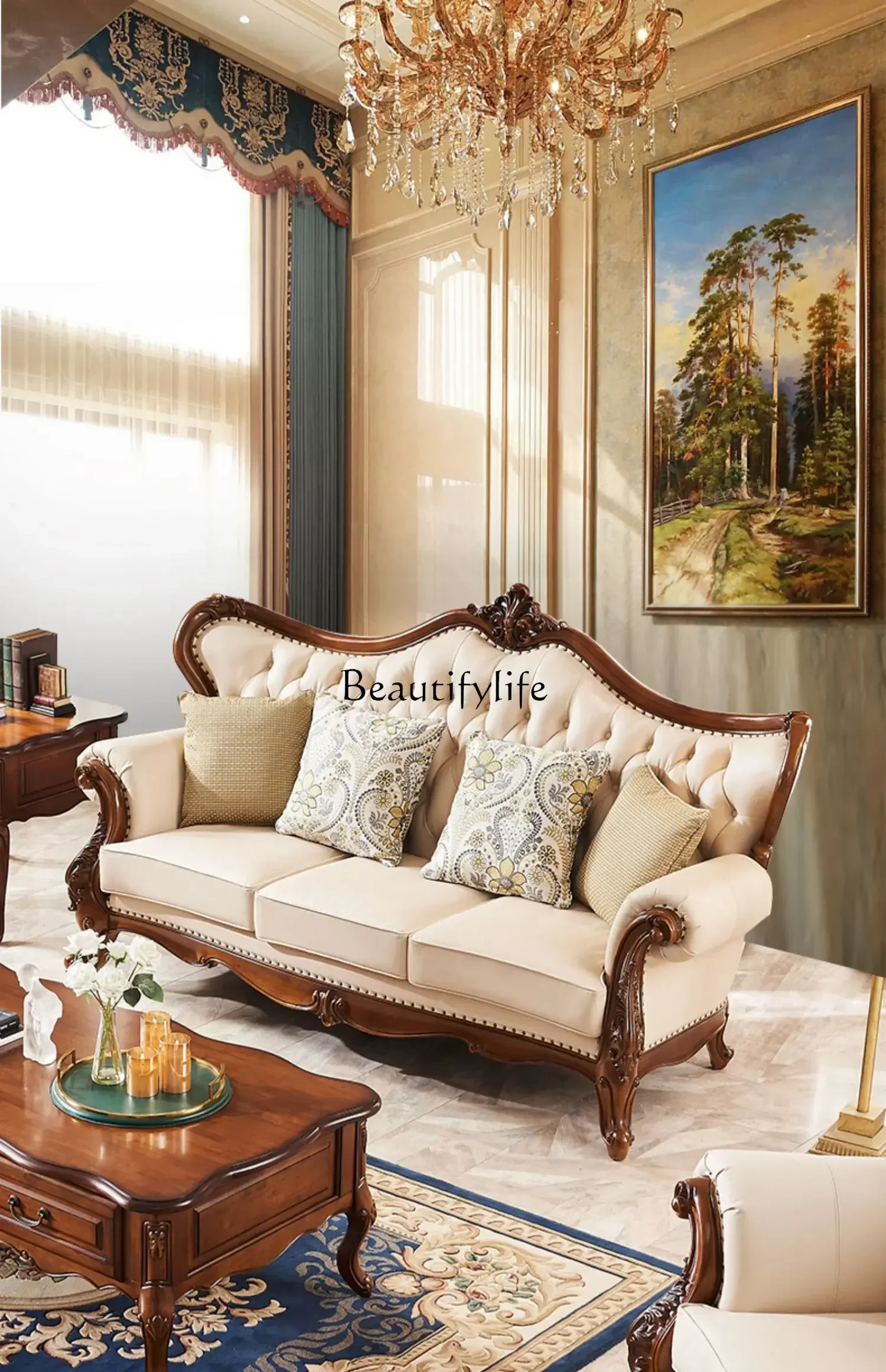 

LJYall-solid wood cowhide sofa European light luxury large apartment carved high-end luxury