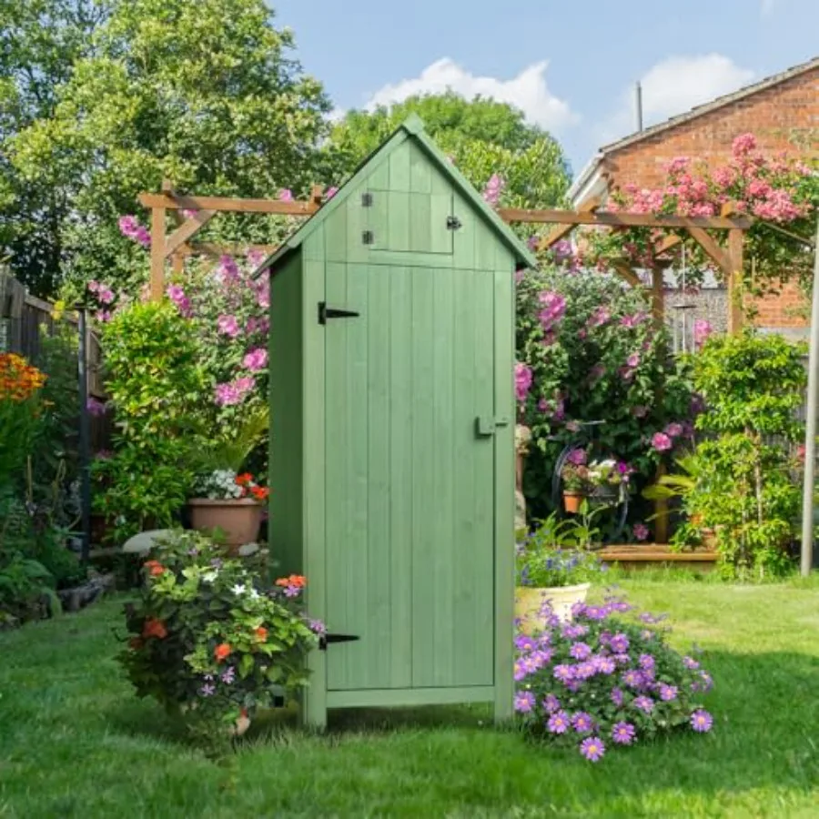 Outdoor wooden storage shed for garden and patio use, natural wood finish, weather-resistant construction with safety latch and