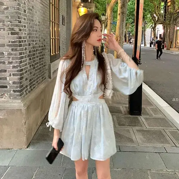 Floral Dress High Quality Openwork Waist Lantern Sleeves Slim 2024 Summer New Fairy Temperament Long Sleeve Dress