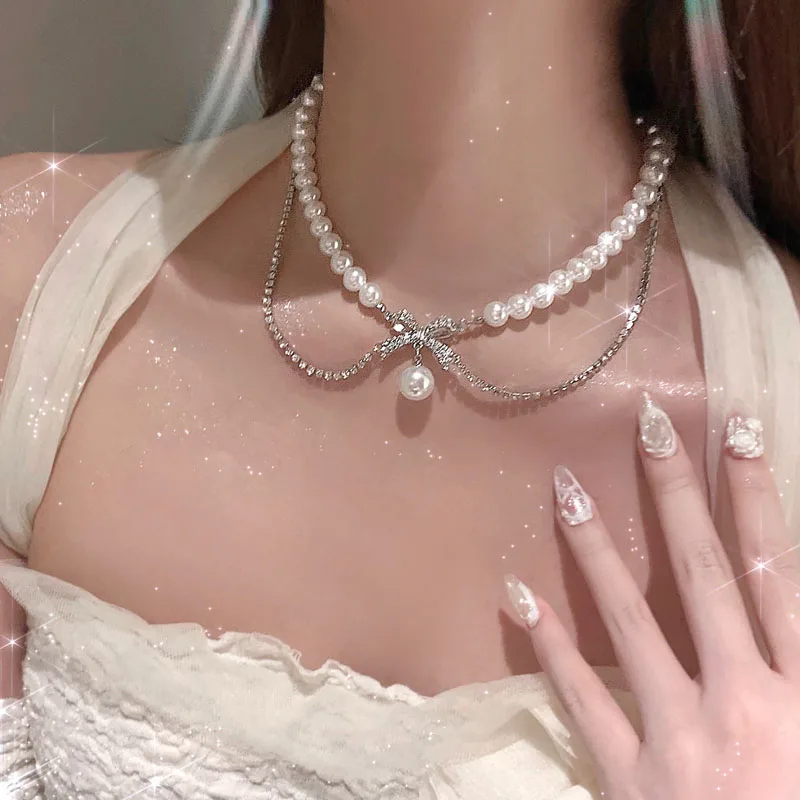 Kpop Irregular Bow Chain Necklaces Y2K Zircon Crystal Beads Tassel Necklace Aesthetic Double Chain Choker Necklaces Jewelry Gift