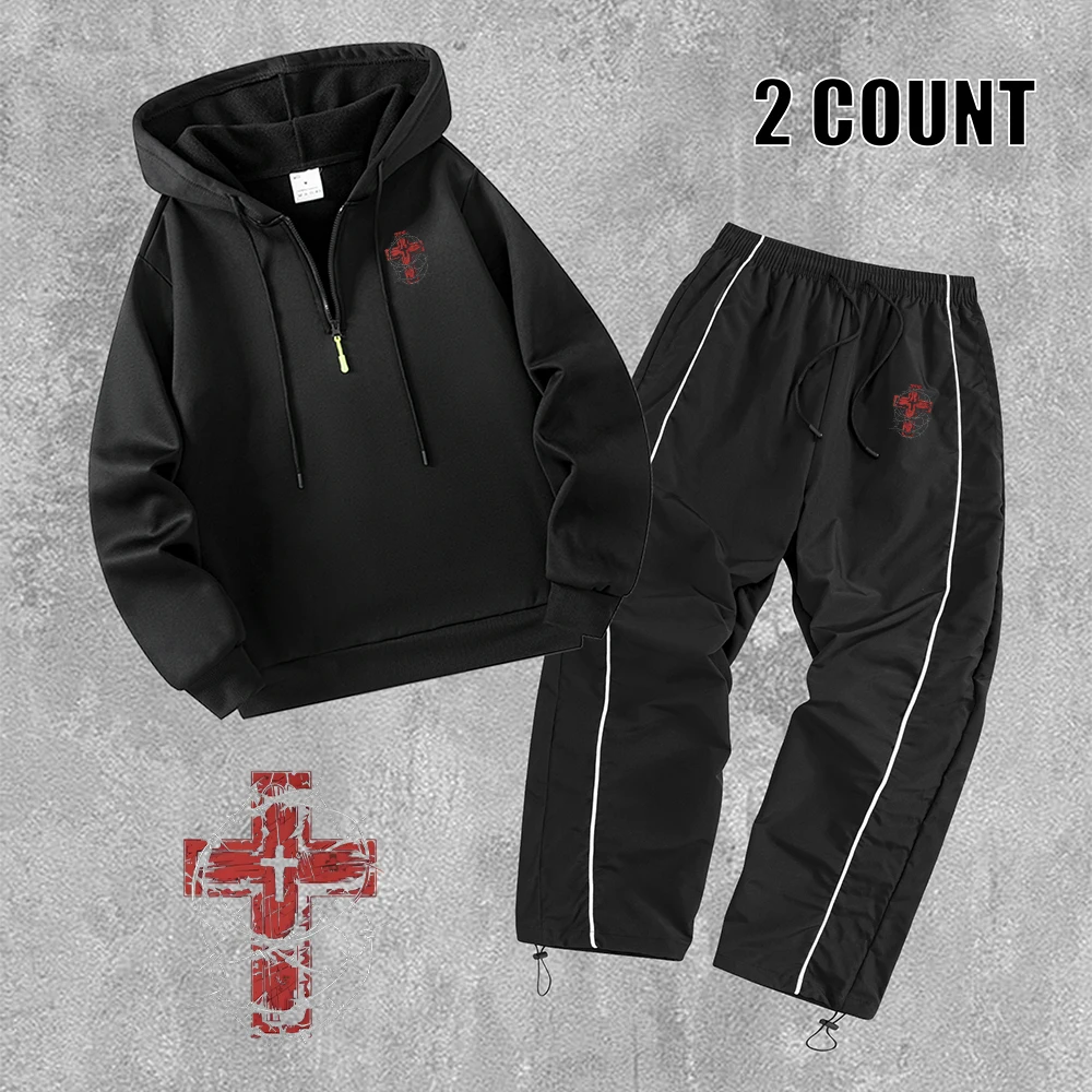 Conjunto Casual de Dos Piezas para Hombre con Estampado de Cruz de Espinas Rojas, Sudadera con Media Cremallera y Pantalones con Cordón, Ropa Deportiva Casual para Primavera y Otoño