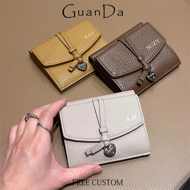 Custom Initials Fashion Heart Wallet Woman Luxury Cowhide Folding DIY Card Holder Genuine Leather Casual Lady Coin Purse Bag