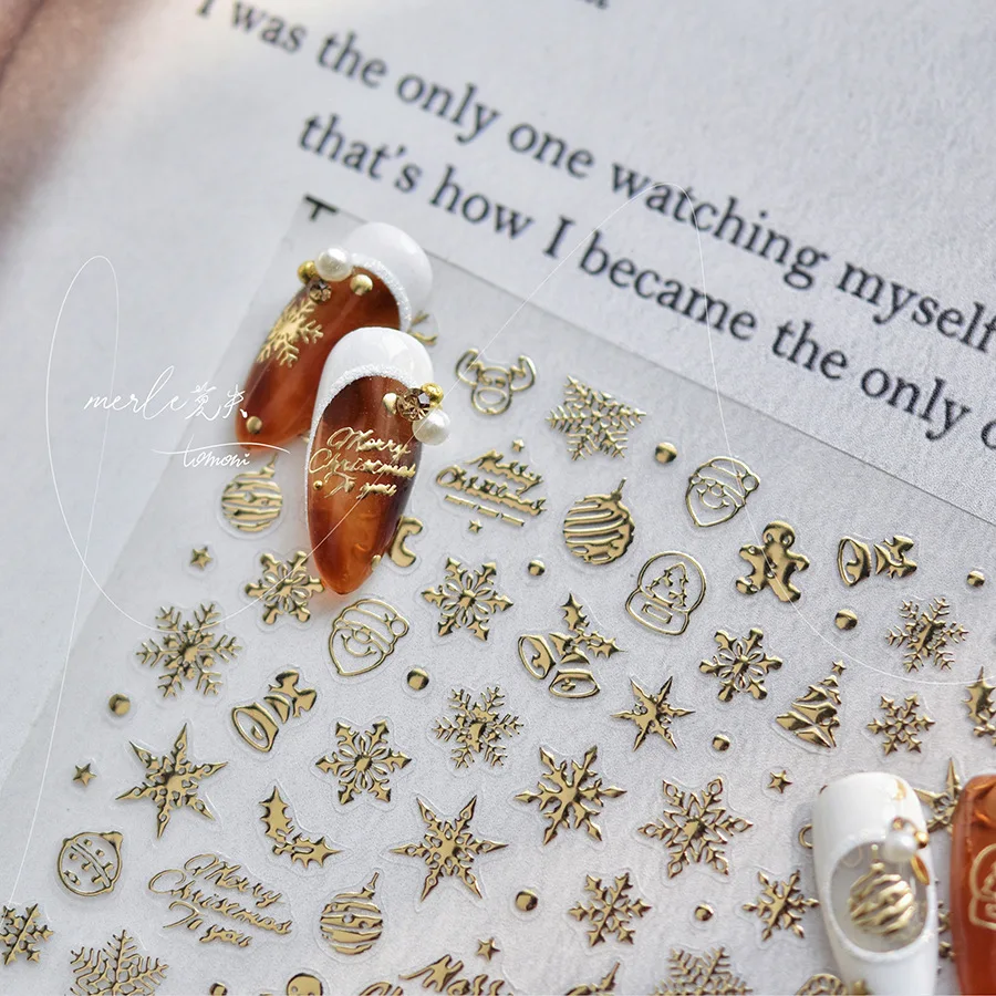 5D Relief Stamp Pink Gold Silver Laser Merry Christmas Snowflake Adhesive Nail Art Stickers Decals Manicure Glitter X'mas Charms