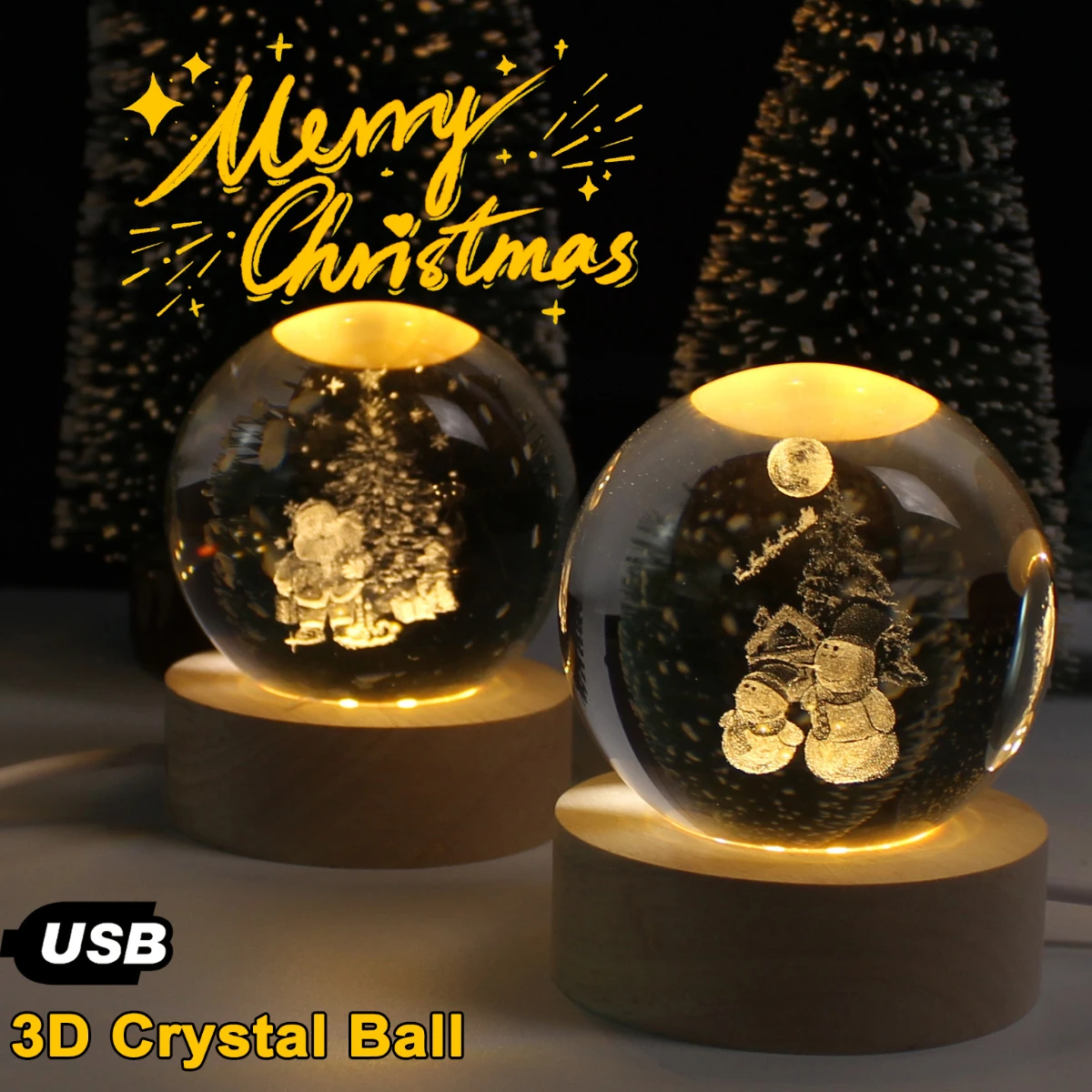 Christmas Decorations 3D Crystal Ball Santa Claus Snowman USB LED Night Light for Bedroom Ambient Light Creative Children Gifts