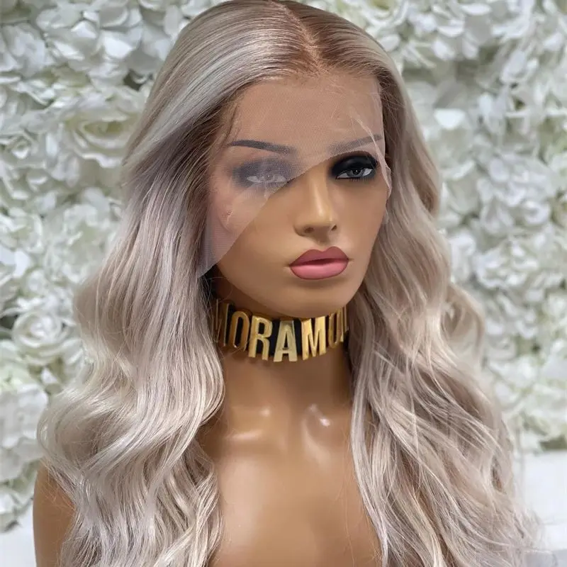 Platinum Blonde With Brown Lowlights And Dark Roots Body Wave Synthetic Wig For Women Natural Looking Middle Part High Density