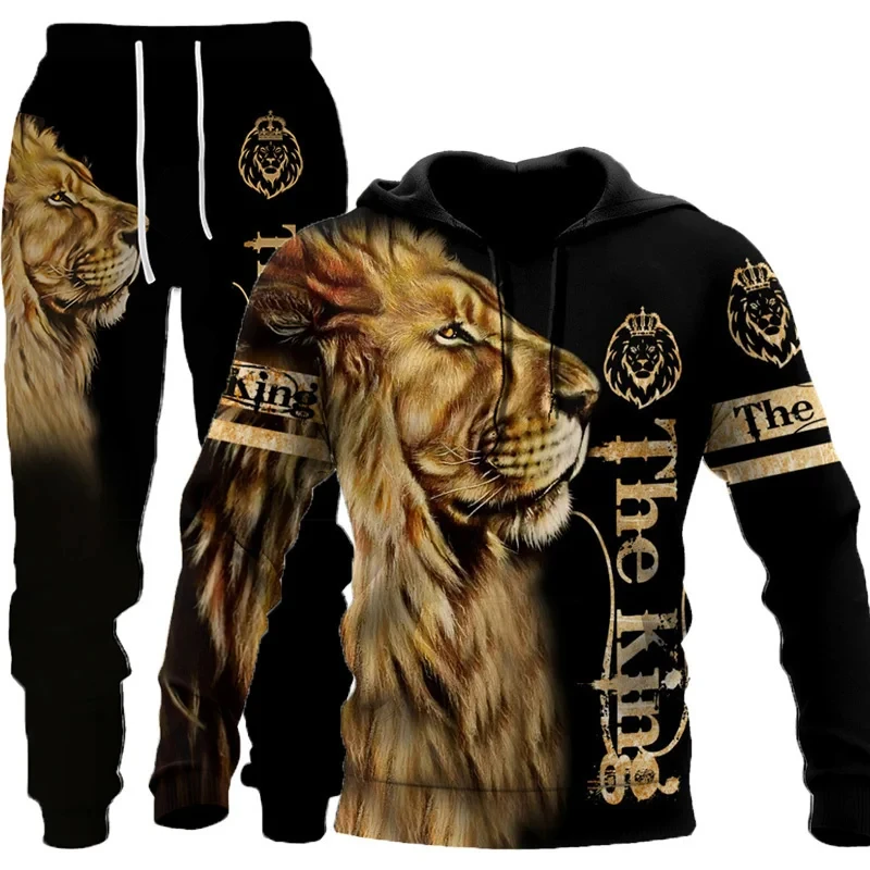 Camisola masculina com estampa tigre 3D, moletom com capuz, traje de treino de leão, pulôver, jaqueta, calça esportiva, terno masculino, outono, inverno