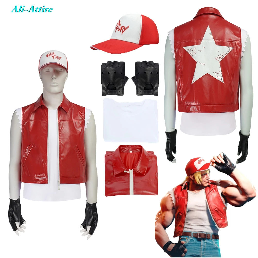 

Game SF 6 Cosplay Terry Bogard Top Vest Clothes Men Adult Party Disguise Roleplay Male Halloween Costume Carnival Outfit Suits