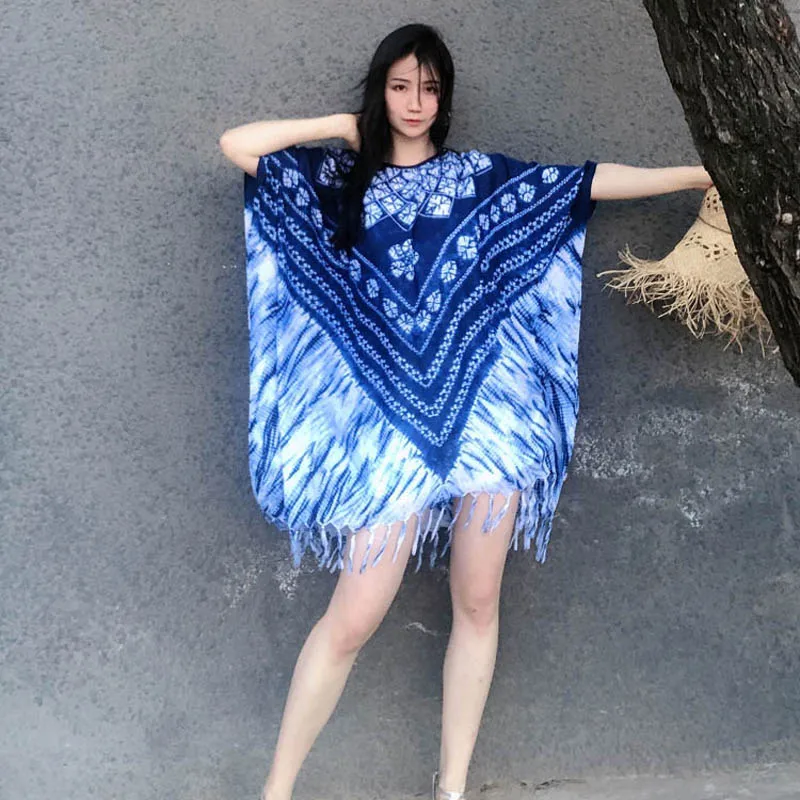 Indigo Short Kaftan Women Tops Tie Dye Ethnic Floral Print Blouse Beach Cover Up Vintage Chic MiniDress Batwing Robe Resortwear