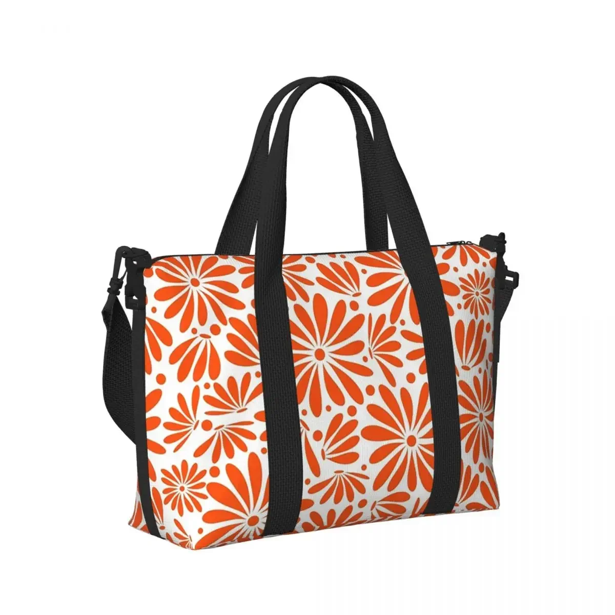 Funky Orange Daisy Floral Beach Travel Bag Large Capacity Tote Bags for Gym Sport Women Shopping Duffle Shoulder Bag