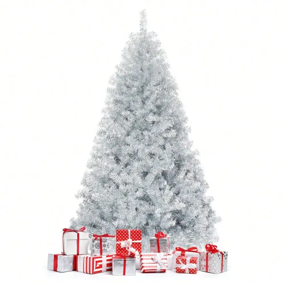 6Ft Hinged Artificial Silver Tinsel Christmas Tree with Metal Stand