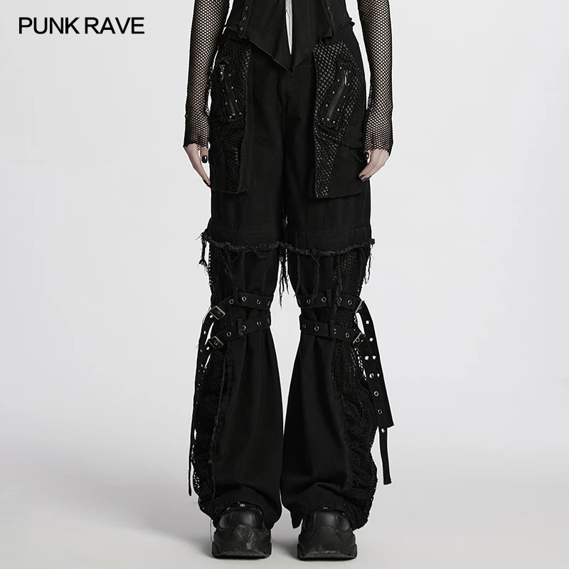 PUNK RAVE Women's Punk Detachable Wide Leg Pants Personalized Club Black Denim Trousers Two-piece Set Streetwear