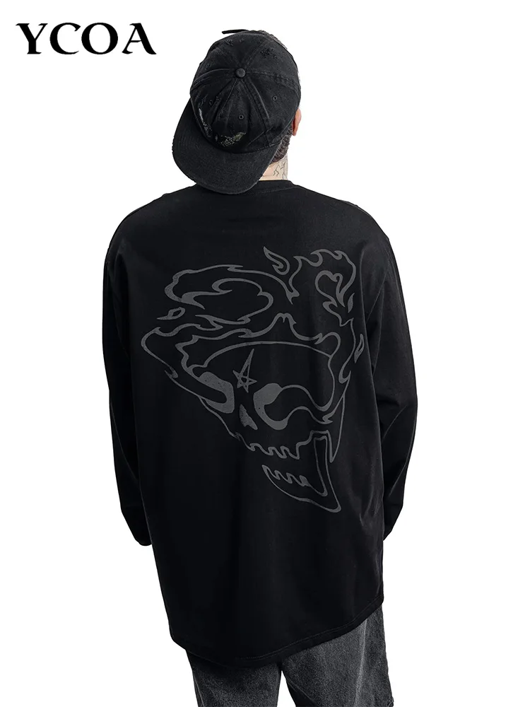 Men T-Shirt Satan Club Graphic SCULL Gothic Oversized Long Sleeve Tops Y2k Streetwear Cotton Autumn Fashion Tees Unisex Clothing