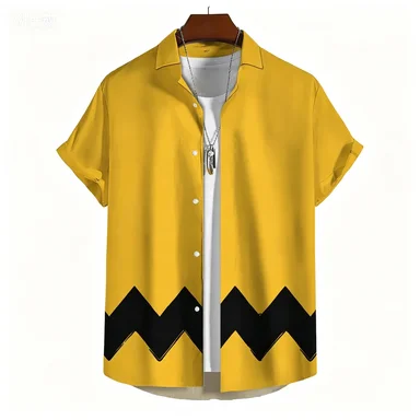 2026 Simple Yellow Background, Fine Black Wavy Hem, Short Sleeved Shirt, Retro Casual Men's Shirt - view 4