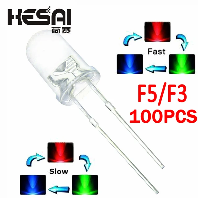100 SZTUK/lot F5 5mm F3 3mm Szybka/Slowiańska lampa błyskowa RGB Czerwona Zielona Niebieska Tęczowa Wielokolorowa Dioda Świetlna Okrągła LED Pełny Kolor