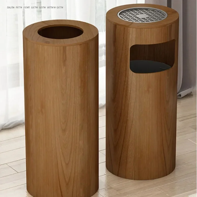 High-grade Wooden Trash Can with Ashtray Vertical Large Hotel Garbage Container Solid Wood Office Building Rubbish Bin