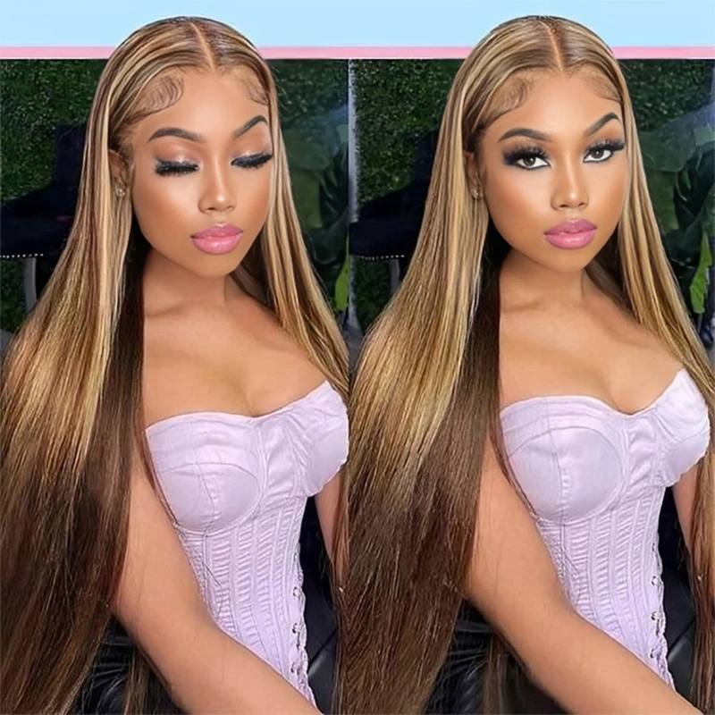 

HD 13x6 Highlight Wig Human Hair Honey Blonde Brown Colored Lace Front Wigs For Women Pre Plucked Bone Straight Lace Frontal Wig