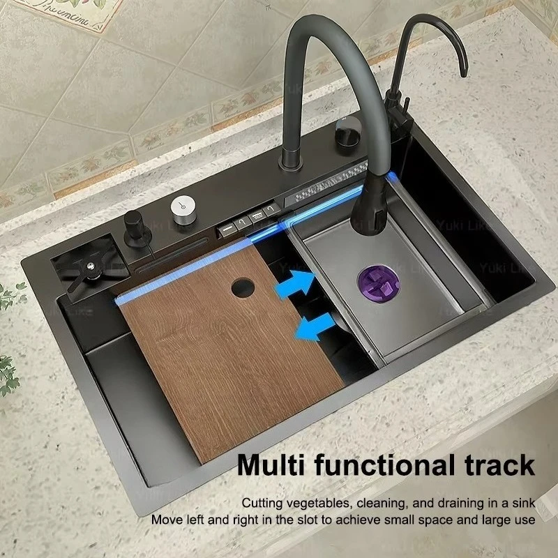 7546 Black Modern Multifunctional Kitchen Stainless Steel Sink with Double Tap Water Purifier Tap and Cup Washer