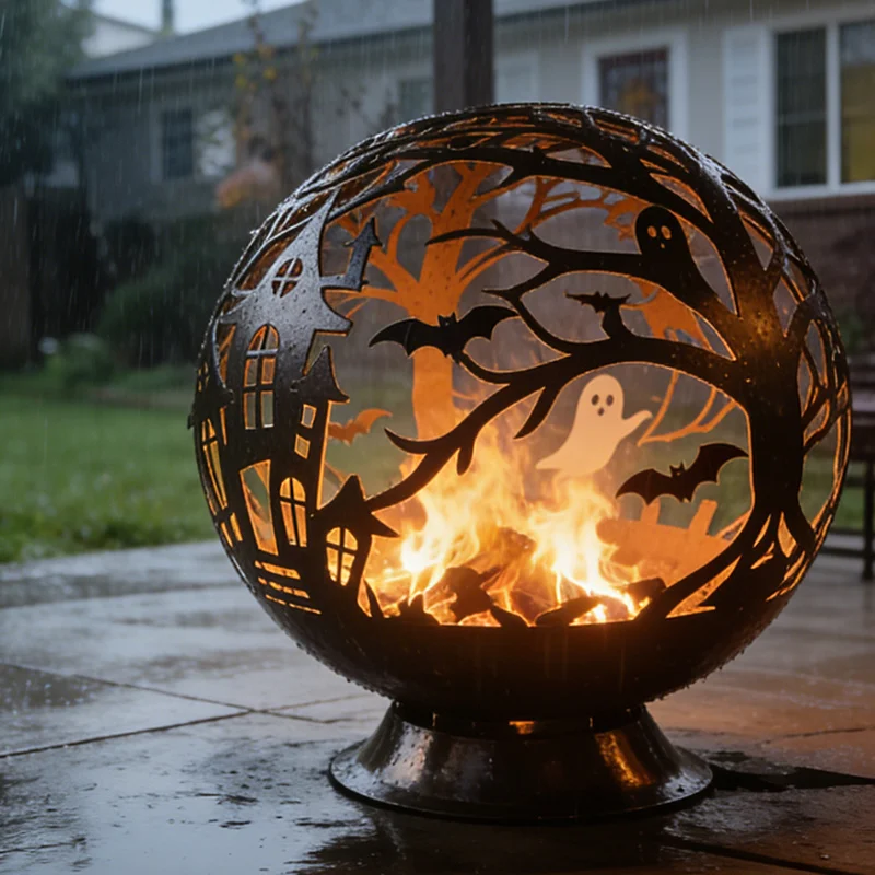 Halloween Themed Metal Hollow Fire Pit Sphere, Laser Cut Ghost Bat Haunted House Design Outdoor Fire Bowl for Patio & Party