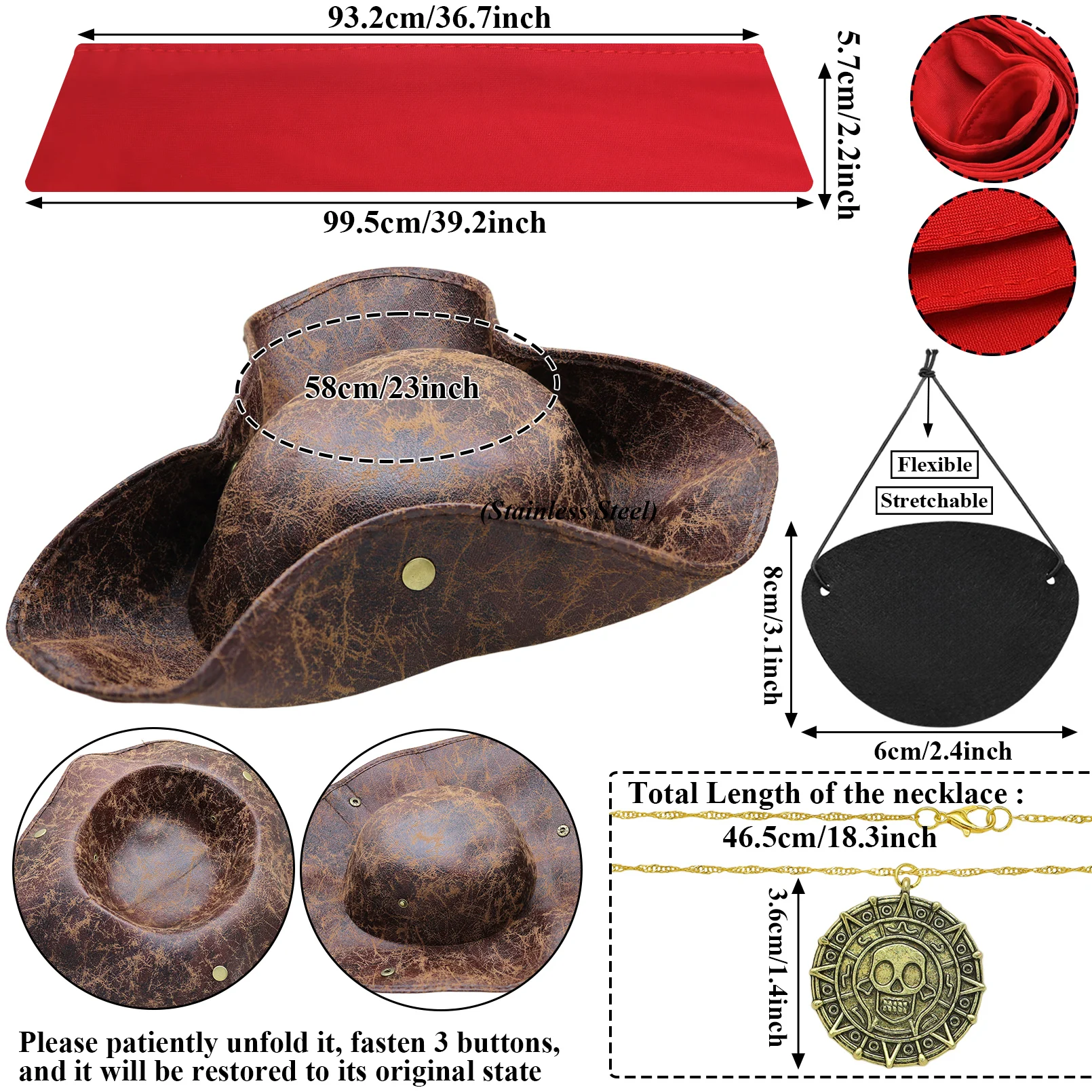 Sombrero de pirata renacentista para adultos, sombrero tricornio de piel sintética marrón para hombres y mujeres, accesorios de disfraz de pirata para Cosplay de Halloween