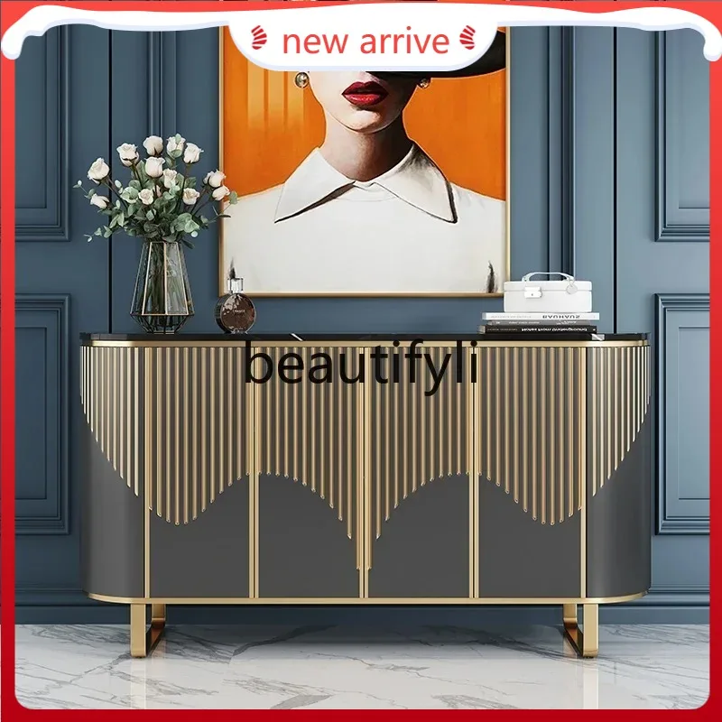 

D2520 Side cabinet Modern simple light luxury rock slab Marble entrance cabinet Black dining table