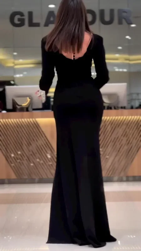 OIMG High Neck Prom Dresses Sheath Crepe Satin Rhinestones High Spllit Long Sleeves Black Women Evening Gowns Formal Party Dress