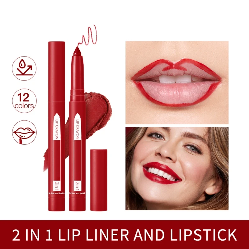 12 Kleuren 2 In 1 Lip Liner Pen Stick Lippenstift Lippen Make-Up Waterdichte Maquiagem Gladde Sexy Matte Hoog Gepigmenteerde Feestclub