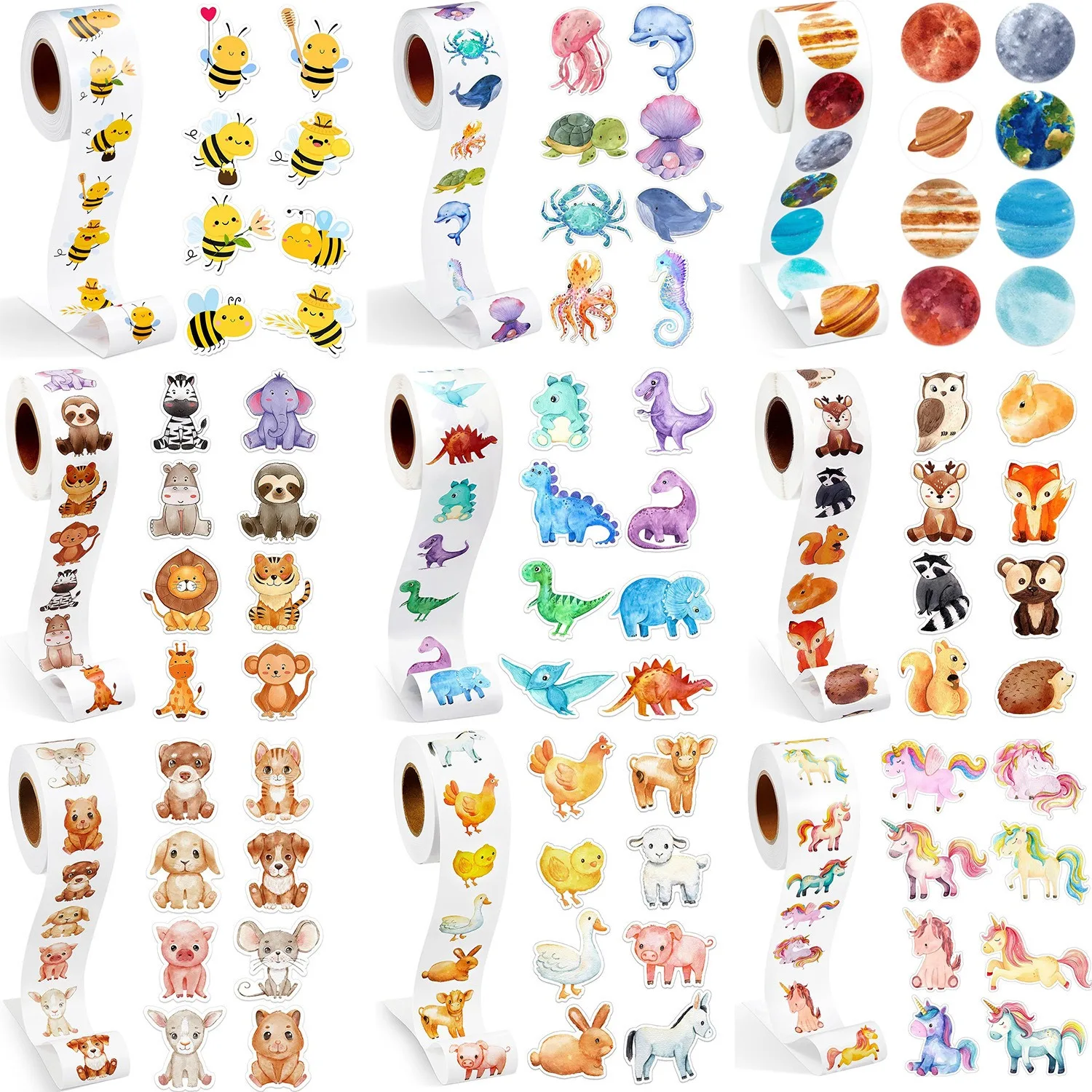 100-500PCS New Children's Stickers Animal Stickers Small Roll Kids Packaging Pack Rolling Stickers Photocard Decor Lables TZ312