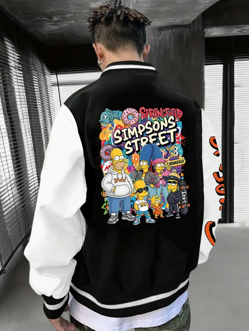 

The Simpsons Men's Baseball Jacket with Rock Print Patterns and Text, Men's Retro Baseball Jacket, Men's Baseball Jacket Jacket