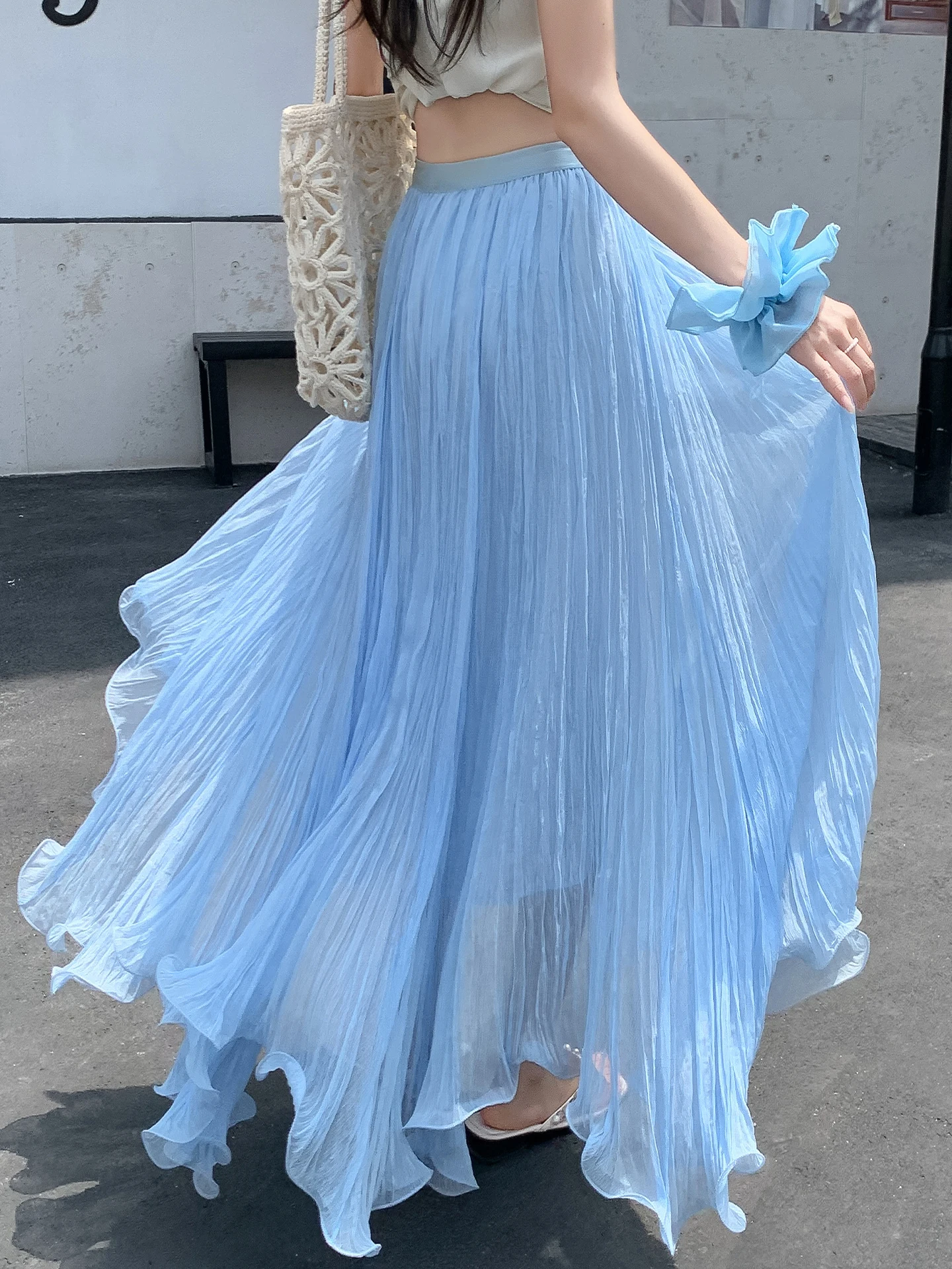

Irregular Blue Ruffle Hem Chiffon Half Skirt Women Summer Dopaamine Draping Elegant Long Skirt Umbrella Skirt Korean Style