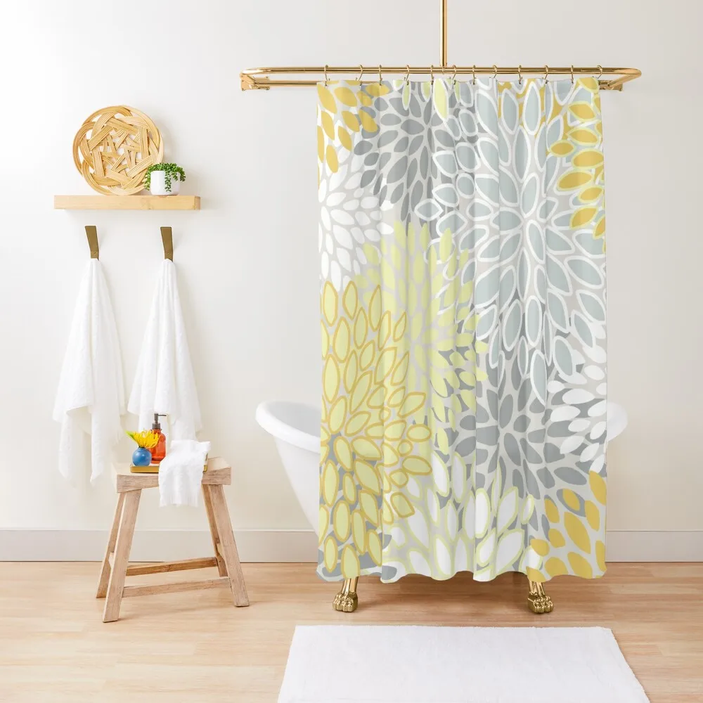 

Floral Blooms Pattern, Yellow, Gray and White Shower Curtain Accessories For Shower And Services Funny Shower Window Curtain