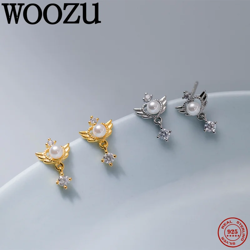 

WOOZU 925 Sterling Silver Elegant Angel Wings Love Baroque Pearl Zircon Pendant Earrings for Women Wedding Exquisite Jewelry New