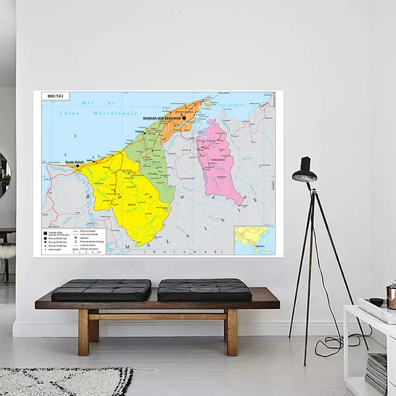 Tela de fondo con mapa de Francia - Mapa de Brunéi, decoración para viajes, herramienta educativa de geografía para colgar en la pared