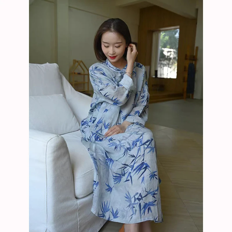 Wiosna Lato Chiński Styl Damska Sukienka z Rękawami Nietoperzowymi Luźna Długa Sukienka Vintage Nadruk Bawełna Len Sukienka w Linii A Dobra Jakość JM07