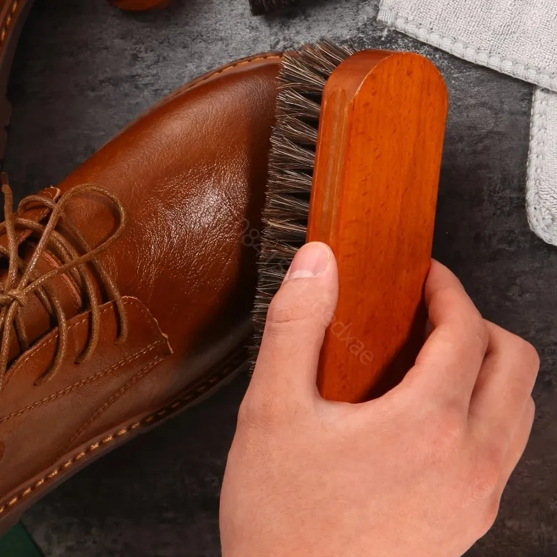 Cepillo para Zapatos de Crin de Caballo con Mango Largo, Cerdas Suaves, Cepillo para Pulir Zapatos, Botas, Asientos de Coche, Sofás, Accesorios para el Cuidado del Calzado