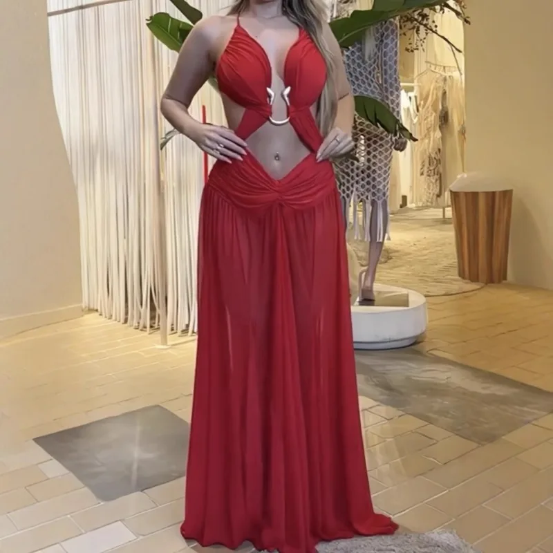 เซ็กซี่Hollow Out PartyชุดSveless Backlessตาข่ายMaxiหญิงชุดราตรี 2025 ฤดูใบไม้ผลิฤดูร้อนB Bea Slip Lady Robe