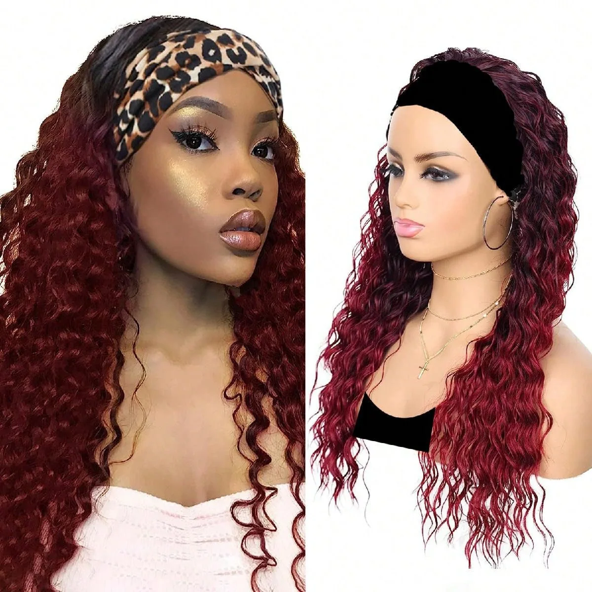 Synthetic Water Wave Headband Wig for Women, Glueless Half Wig, Curly Wigs with Headbands Attached, Natural Black for Daily Use