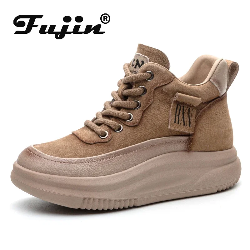 Fujin 4.5cm Genuine Leather Ankle Boots Autumn High Brand Women Platform Wedge Spring Winter Ladies Plush Chunky Sneaker Shoes