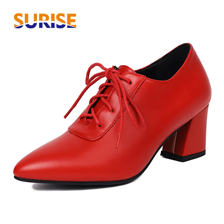 

British Office Dress 6cm High Block Heel Women Oxfords Red White Black Microfiber Comfy Vintage Lace-up Pointed Toe Ladies Pumps